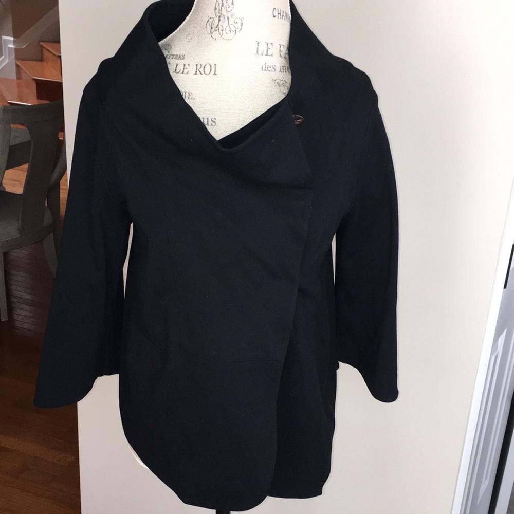 YANSI FUEGAL EUC STRETCH PONTE KNIT AVANT GARDE Asymmetric Draped Collar Jacket
